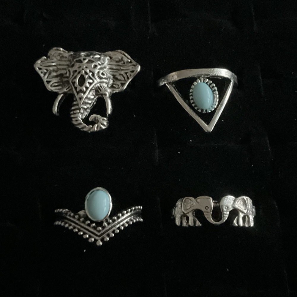 New x4 Silver Tone Rings Elephant Vintage Blue Boho Trendy Fashion Set Size 5/6